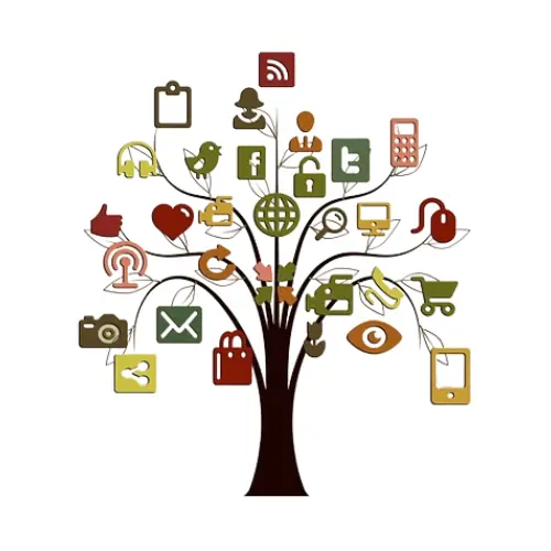 Verschiedene Soziale Netzwerke, dargestellt als Früchte an einem Baum